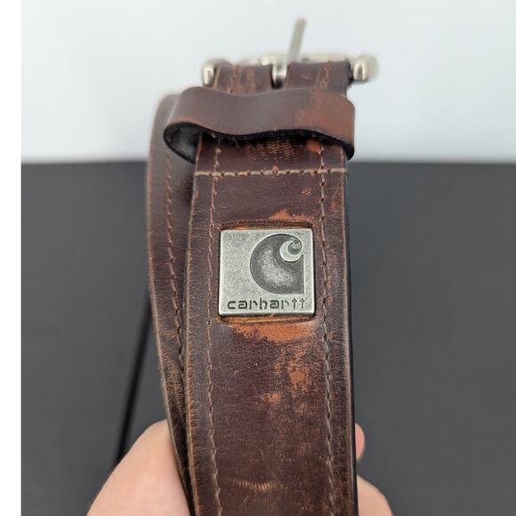 Carhartt Brown Leather Belt Size 44 Distressed Workwear Made in Guatemala - Picture 1 of 8